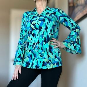 Susan Graver Blue and Green Bell Sleeve Blouse with Notched Collar